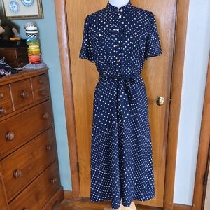 Like New Ann Taylor Navy Dotted Patchwork Pocket Short Sleeve Dress - Size 8